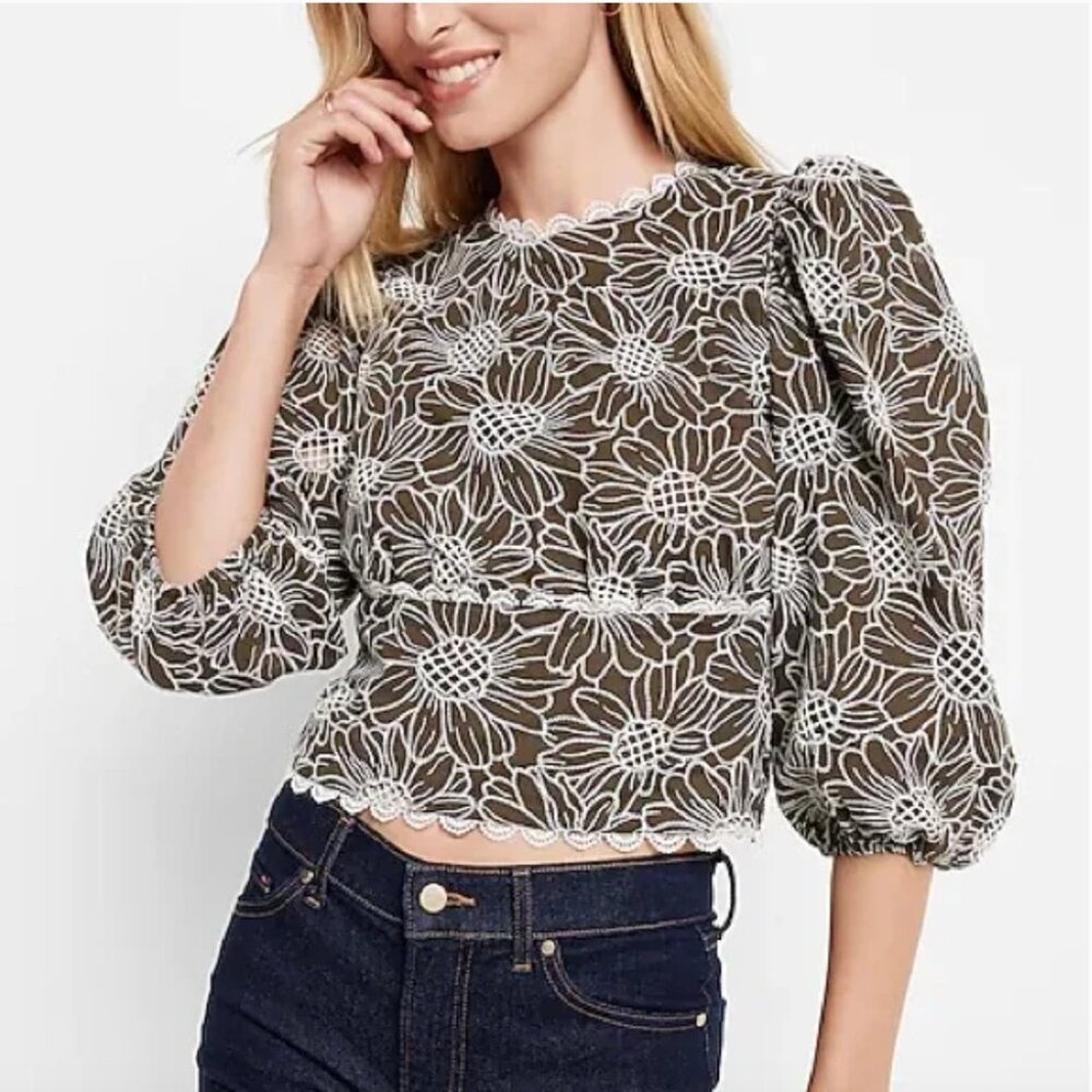 NWT {Express} Embroidered Eyelet Open Back Top | Olive Green/White ~ Size XS